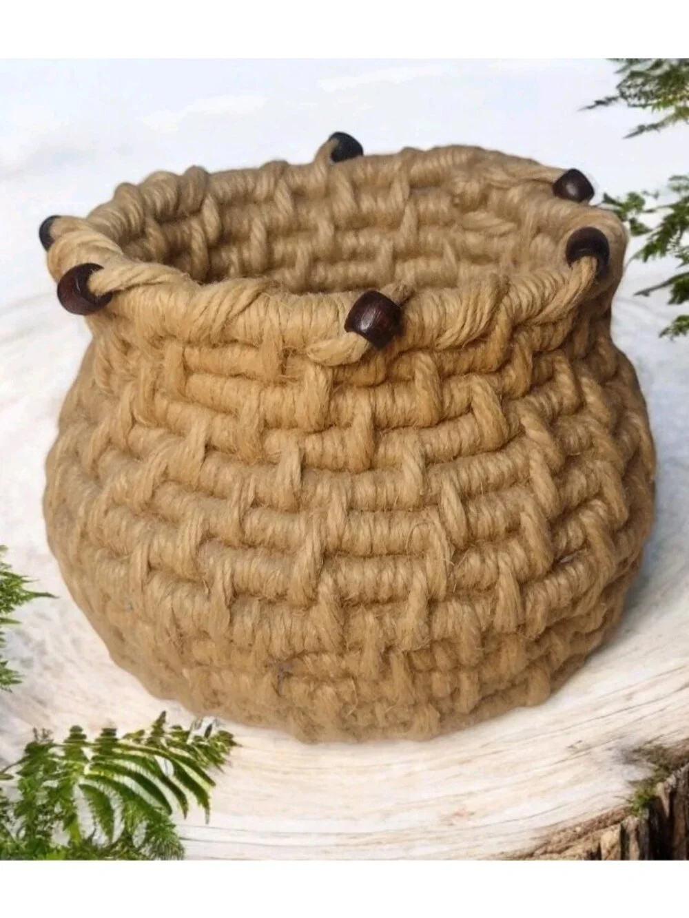 Wood Beaded Woven Jute Basket 6